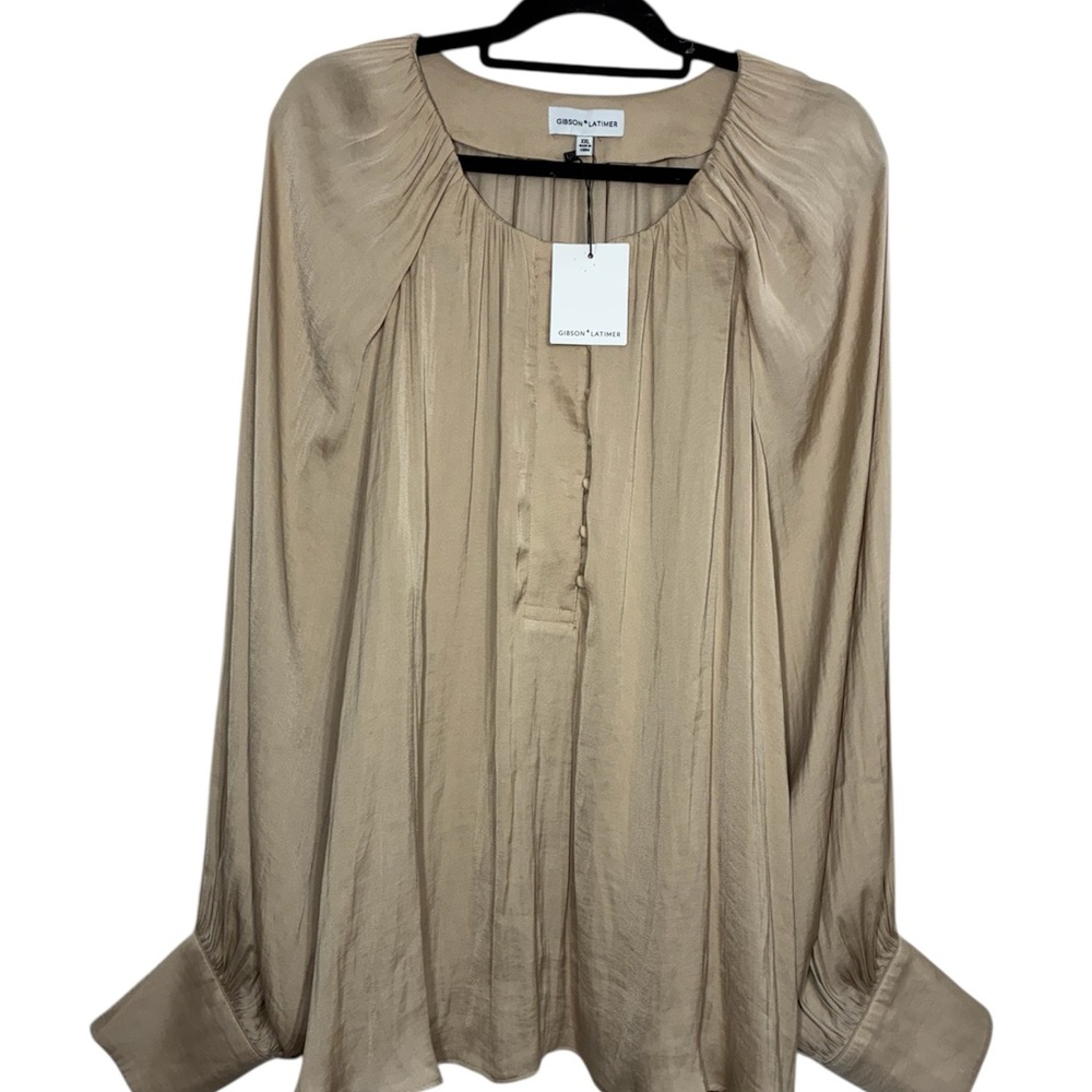 Gibson Latimer Silky Blouse Bishop Sleeves beige 2X